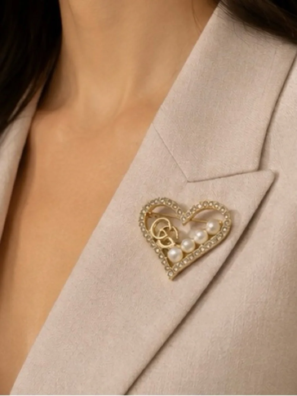 Gold Tone Heart Pearl Crystal Statement Brooch Pin